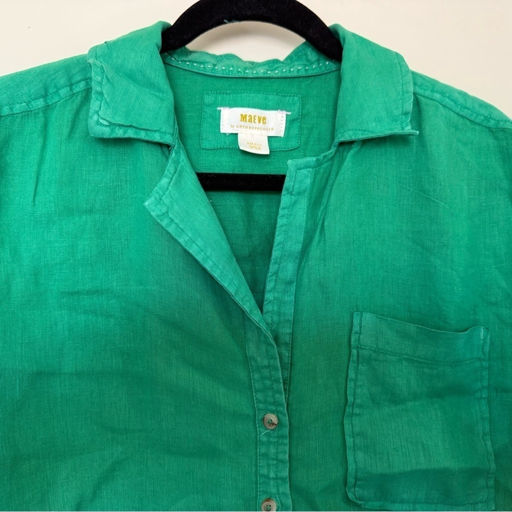 Maeve Green 100% Linen Long Sleeve Button Down Top with Front Pocket Size Small - Picture 4 of 9